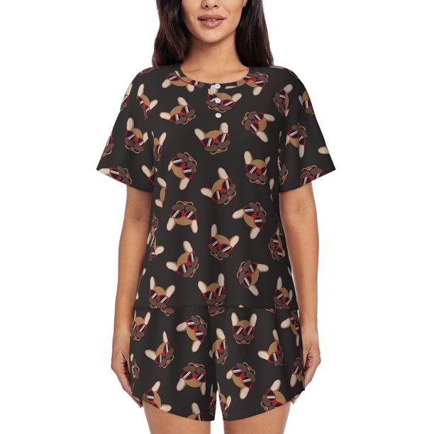 Balery Bulldog with Sunglasses Conjunto de Pijama para Mujer con Estampado, Dos Piezas de Manga Corta y Shorts, Ropa de Dormir Suave con Cuello Redondo y Bolsillos-3X-Large
