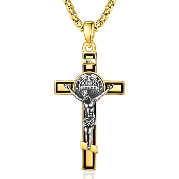 TANGPOET St Benedict Crucifix Gold Cross Necklace Sterling Sliver Catholic Necklace Jewelry for Men Daily Wear