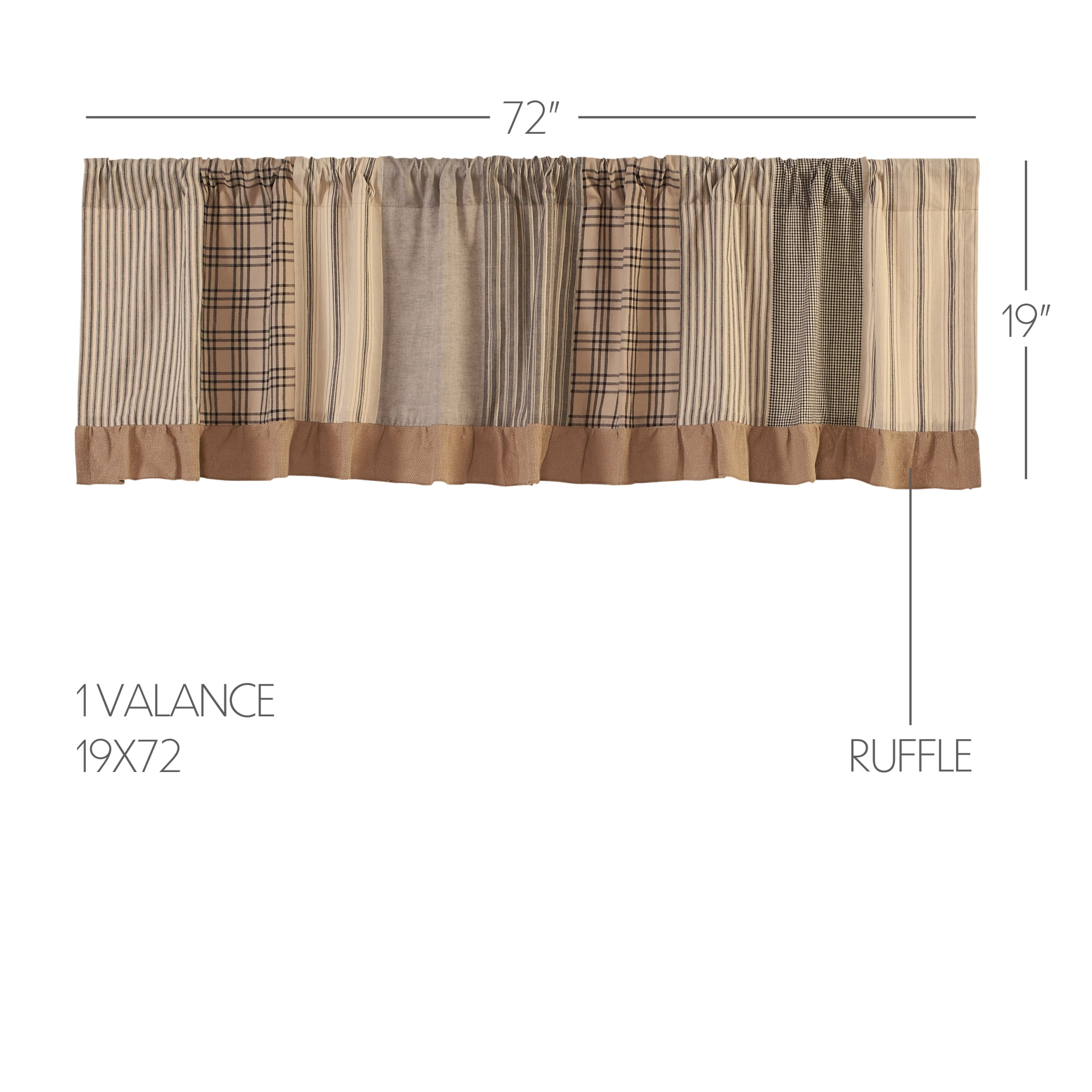 VHC Brands Sawyer Mill Charcoal Farmhouse Curtains for Kitchen Window Topper Linen Plaid Striped Patchwork Ruffled Light Filtering (Valance 19x72)
