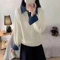 thumbnail image 2 of Arlun Womens Fall Winter Oversized Long Sleeve Sweaters 2 in 1 Denim Panel Lapel Sweater Trendy Solid Color Polo Knit Pullover Tops 2026 Fashion Work Causal Outfits White One Size, 2 of 3