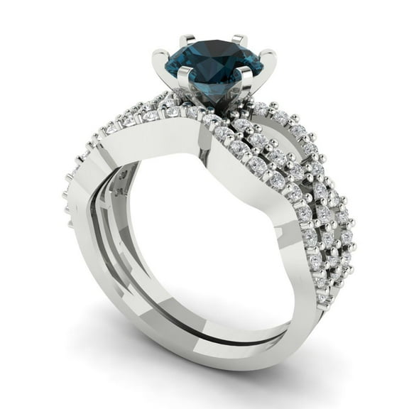 Clara Pucci 18K White Gold 1.57 Natural London Blue Topaz Engraveable Engagement Ring   Wedding Band Set