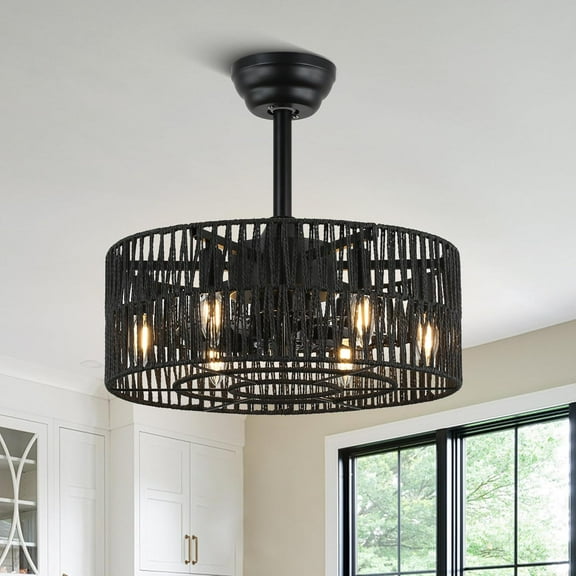 Boho Black Caged Ceiling Fan with Lights, Rattan Ceiling Fan Lighting with Remote Control 3 speeds, 3 Timing for Living Room Bedroom Dining Room Kitchen