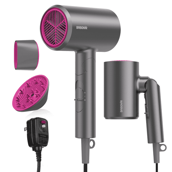 BABONIR Small Ionic Hair Dryer, 1875W Fast Drying, 3 Heat 2 Speed, Foldable, Diffuser Included, for Home and Travel, Gray