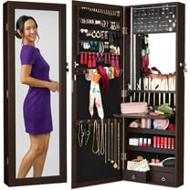 GETHFS LED Mirror Jewelry Cabinet, Lockable Wall/Door Mounted Jewelry Armoire Organizer with 2 Drawers, Interior Mirror, Cosmetic Tray & Adjustable Shelves for Women and Girls - Espresso