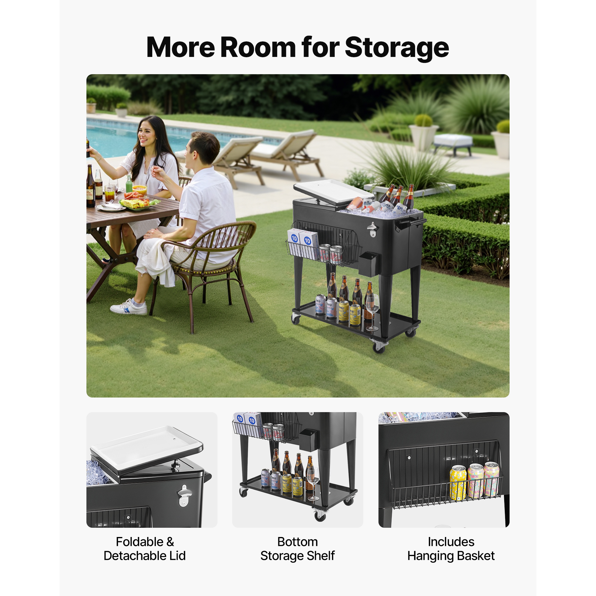 KFFKFF 80 Quart Rolling Ice Chest, Accommodates 50 Bottles or 110 Cans, Mobile Outdoor Party Drink Cooler with Lower Shelf, Beverage Storage with Side Basket and Built-in Bottle Opener, Black