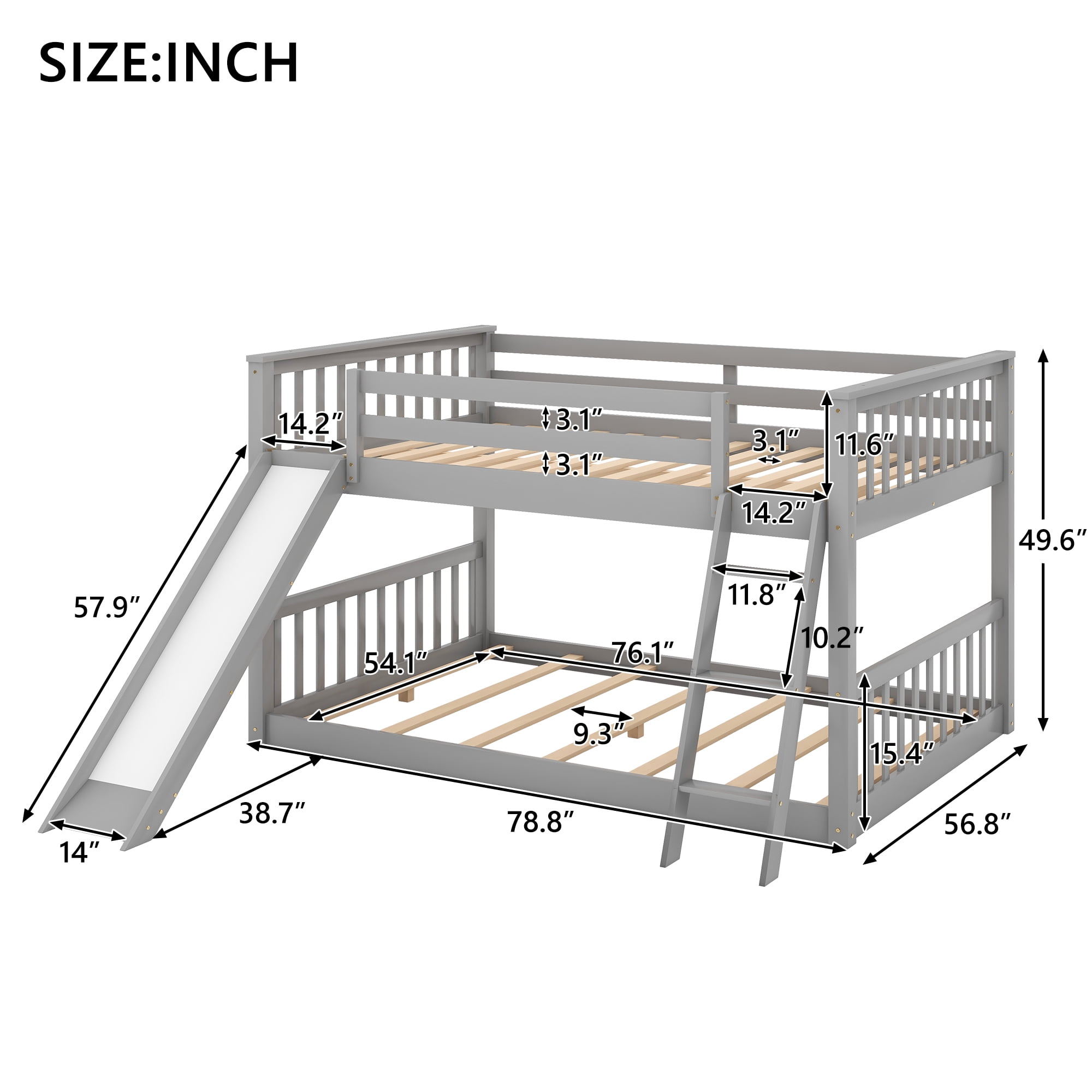 Euroco Full over Full Floor Bunk Bed with Inter-Changeable Slide and Ladder, Solid Wood Bunk for Kids Teens Adults, Gray