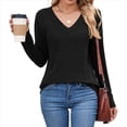 thumbnail image 2 of Camisetas de Larga para Mujer, Cuello en V, Suaves, Básicas, Holgadas, Informales, A Negro XL, 2 of 9
