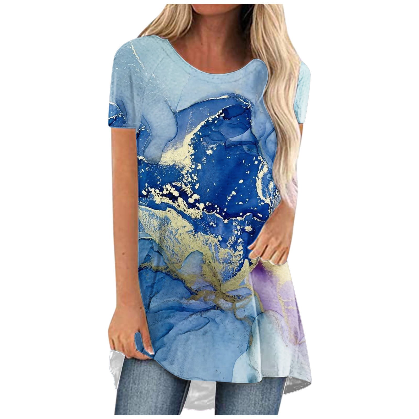 Yourumao Women Clearance Tops Tops for Ladies Summer Fall Short Sleeve Crew Neck Spandex Marble
