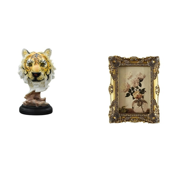 Escultura de mesa,Escultura de cabeza de tigre Estatua moderna de sobremesa,Figura de cabeza de animal para decoración de escritorio de resina.,Marco de fotos,Marco de fotos ornamentado Marco