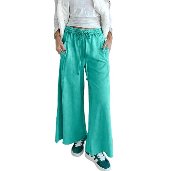 Women's Sea Green Mineral Wash Loose Pants – Casual Wide Leg Style for Everyday Comfort, XL