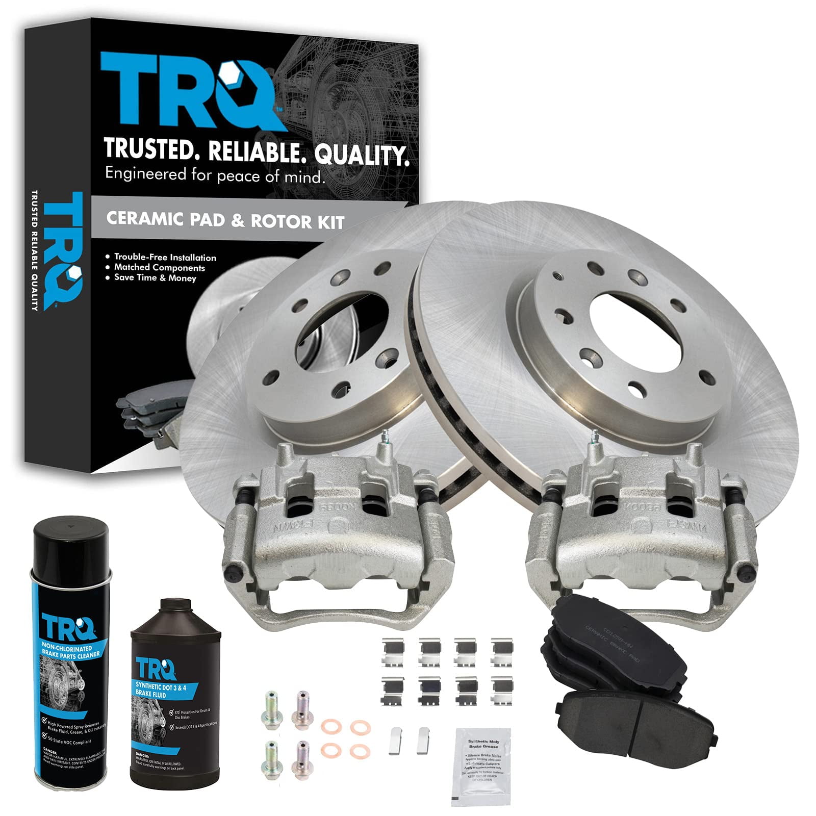 Front Ceramic Brake Pad, Rotor & Caliper Kit w/ Chemicals for Mazda