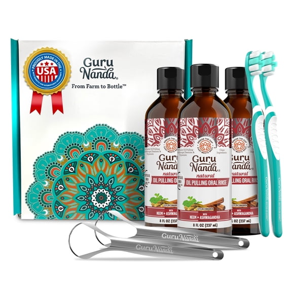 GuruNanda Coconut & Cinnamon Oil Pulling Flavor   Neem & Ashwagandha - Oral Rinse Mouthwash - 3 Pack