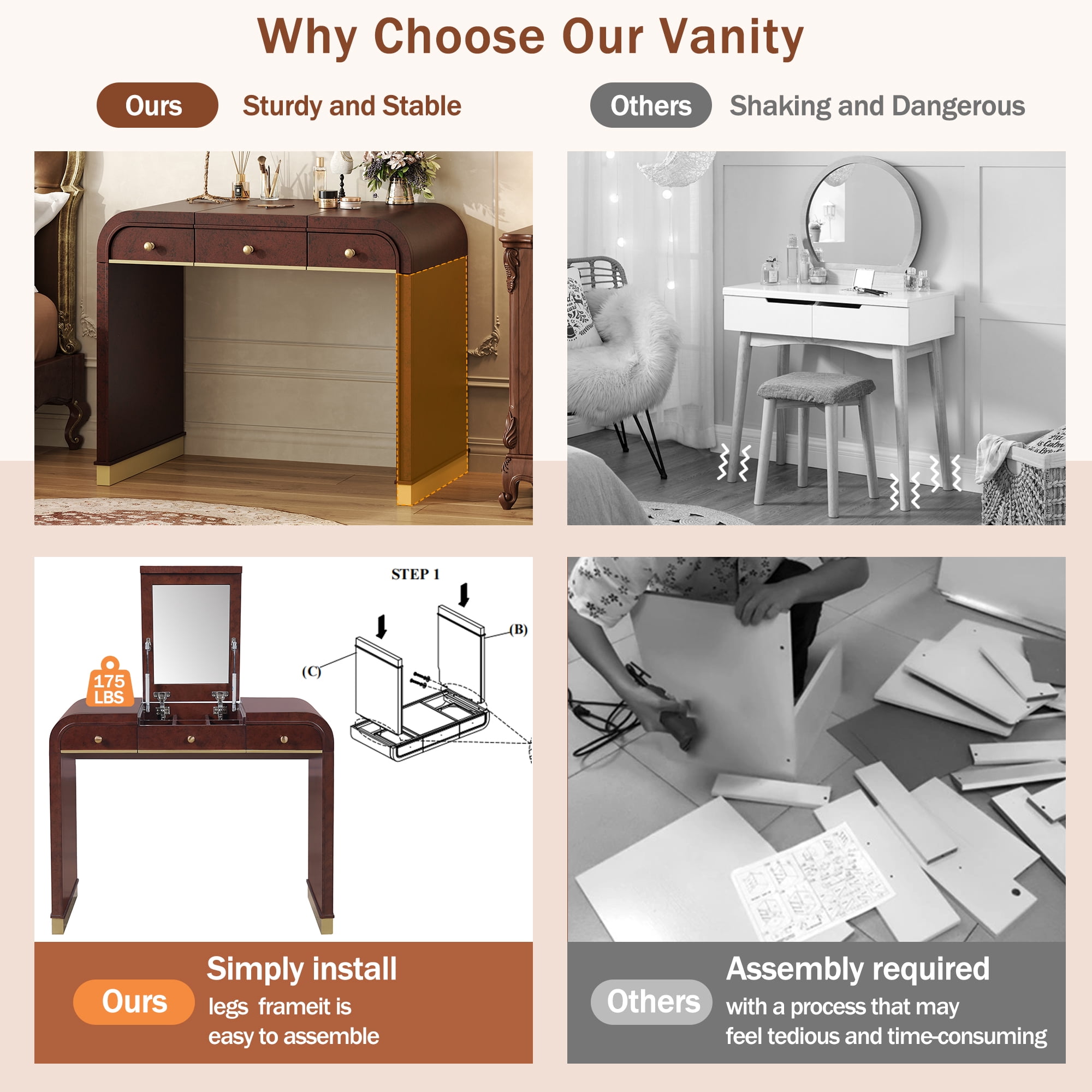 Mintazer Classic Wood Vanity Set with Flip Mirror, 3-in-1 Dressing Table with 2 Drawers & Storage Space, Makeup Vanity Desk for Bedroom, Espresso