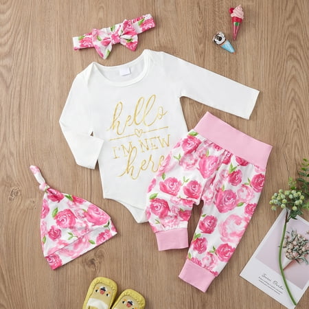 

Gyratedream Newborn Baby Girls Pink Rose Print Long Sleeve Romper Pants Hairband Hat Outfits Clothes