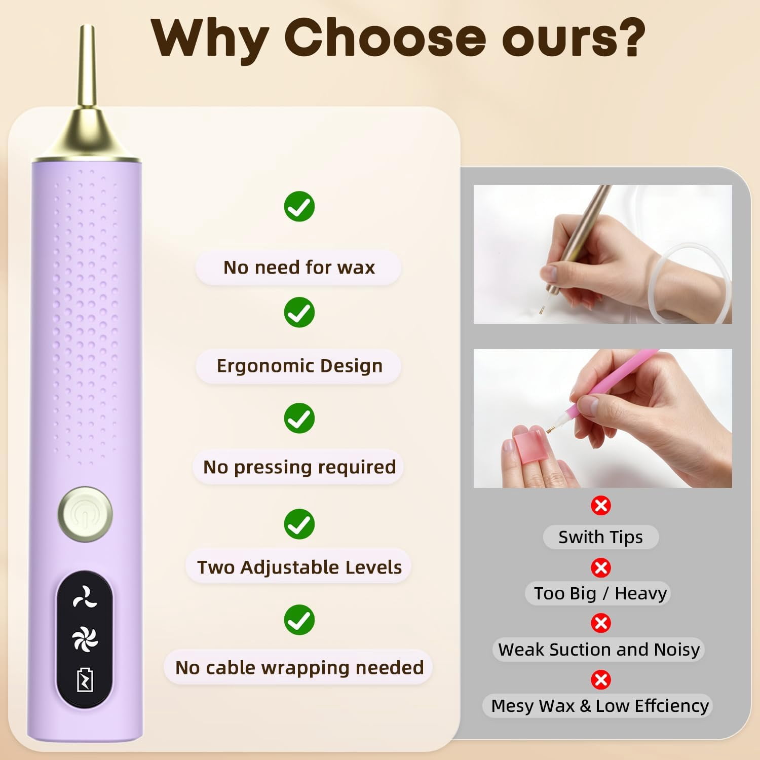 Cordless Vacuum Diamond Painting Pen with Adjustable Suction, No Wax Needed, Quiet Portable Tool for Adults, Purple