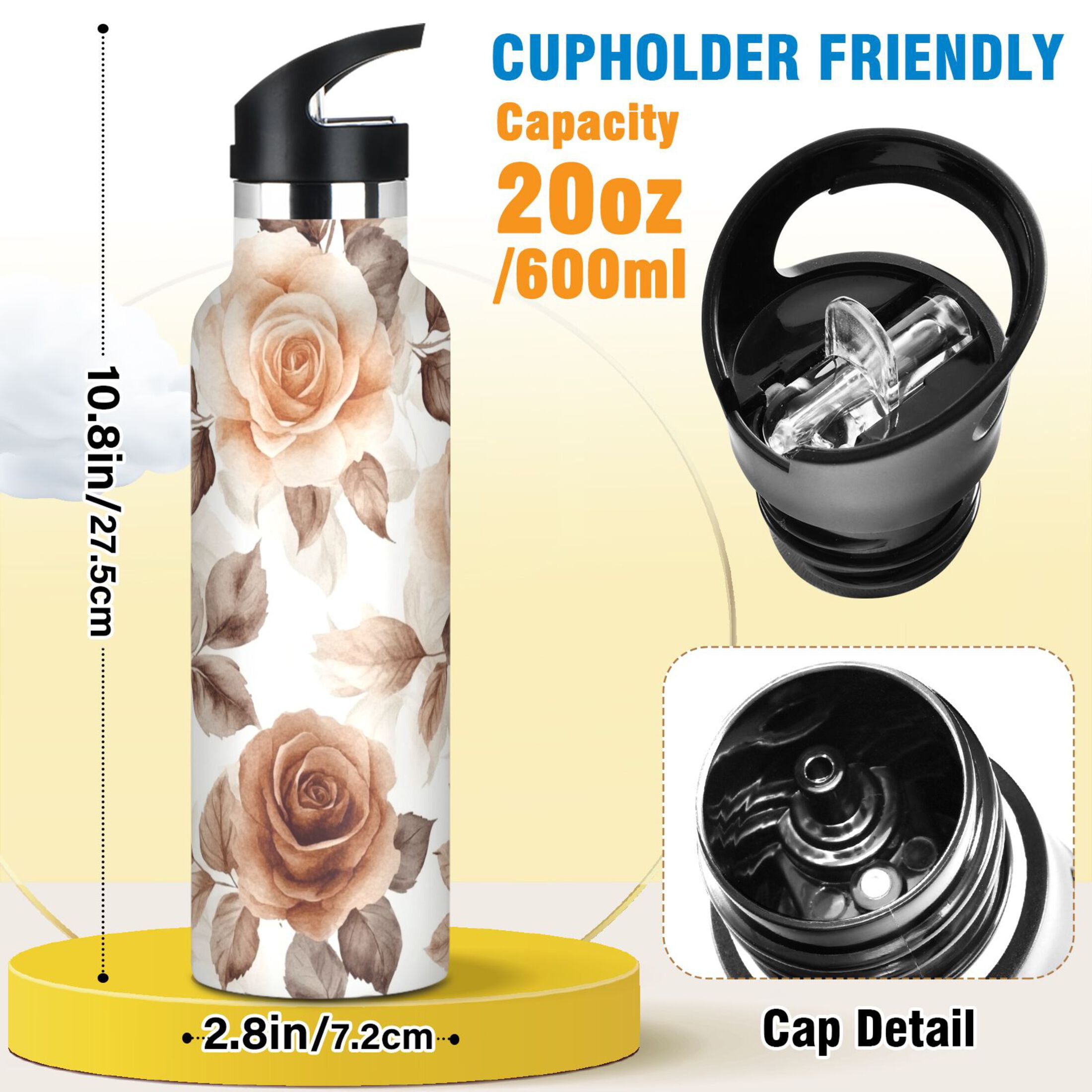 600ML Stainless Steel Insulated Cup Sports Water Bottle Portable Thermos Cup Water Glasses Insulated Tumblers Convenient and Durable Cartoon Brown Roses