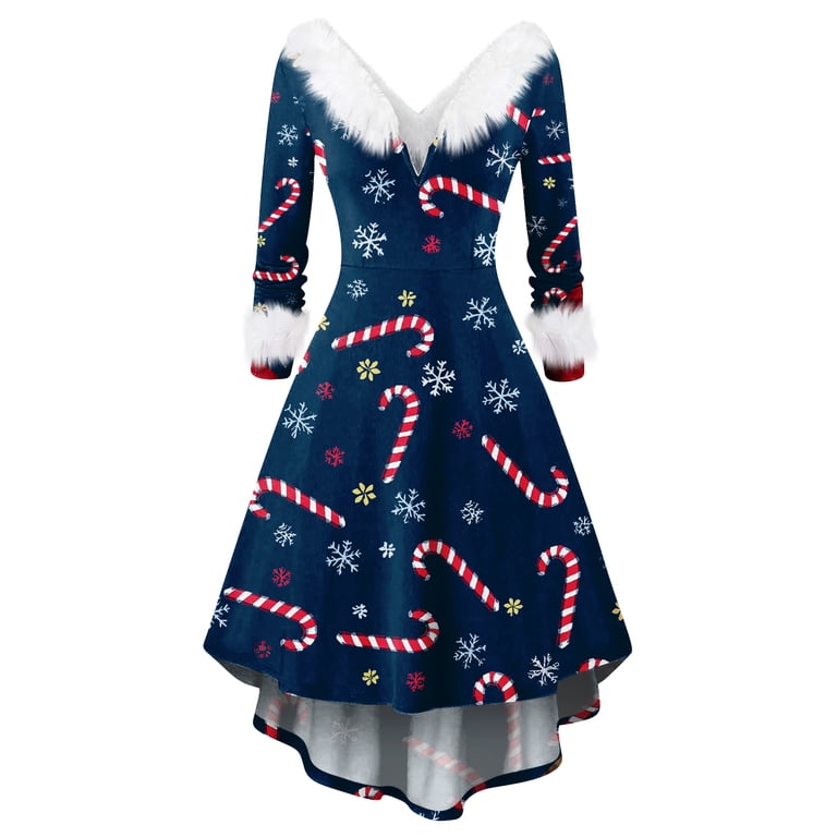 Christmas Dresses for Women Women's Fashionable V-neck Casual And Form-fitting Christmas Printed Long-sleeved Dress for Holiday Party,Blue,M