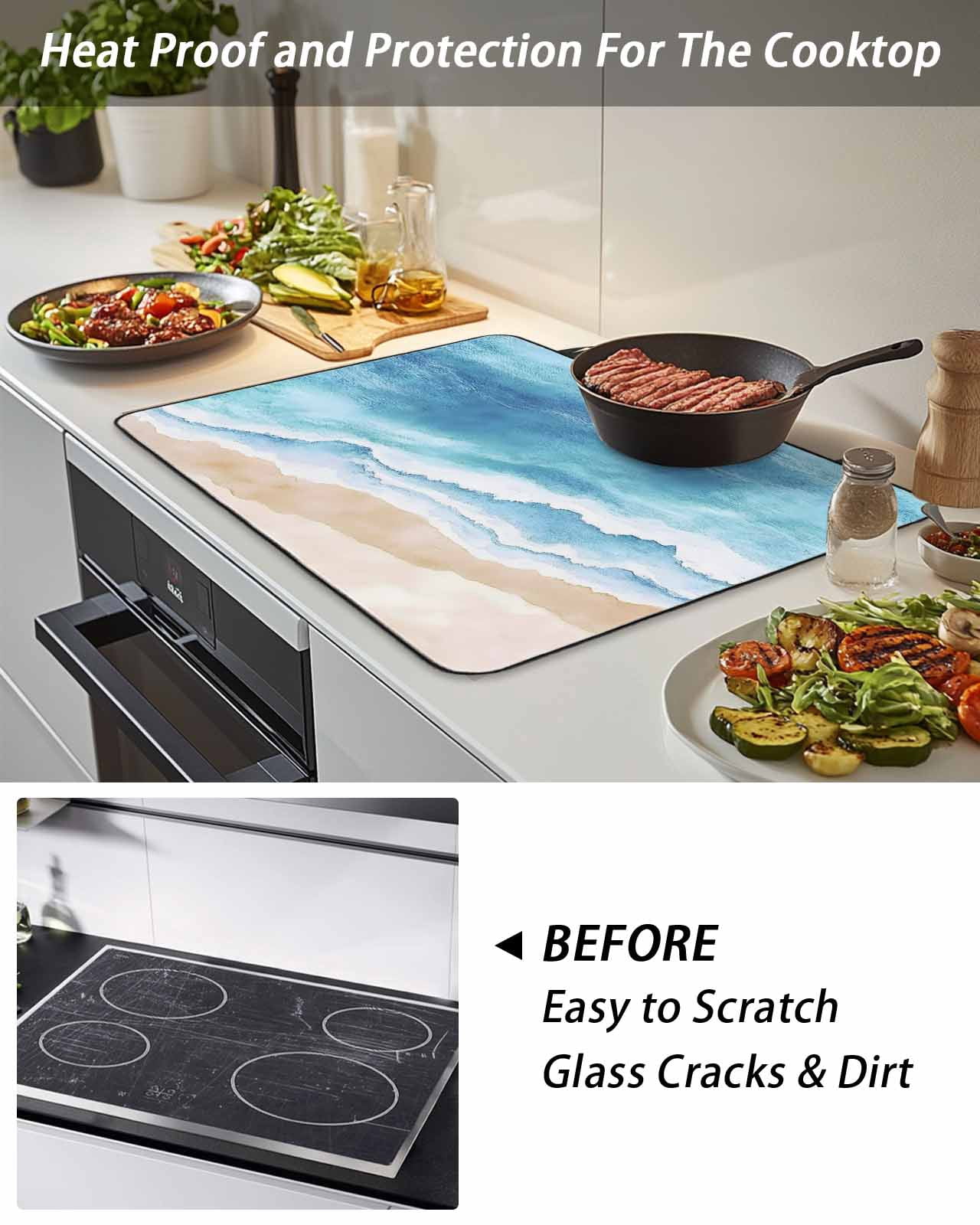 Stove Top Covers for Electric Stove, Blue Waves Glass Stovetop Cover Protector, Gradient Beach Abstract Oil Painting Art Induction Cooktop Protector Oven Mat for Kitchen Countertop 24"x21"