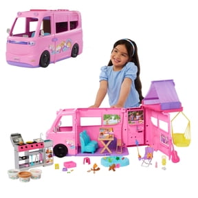 Open Box Barbie Dream Camper Playset with Roof Tent, BBQ Grill with Color-Change Feature & 60+ Accessories