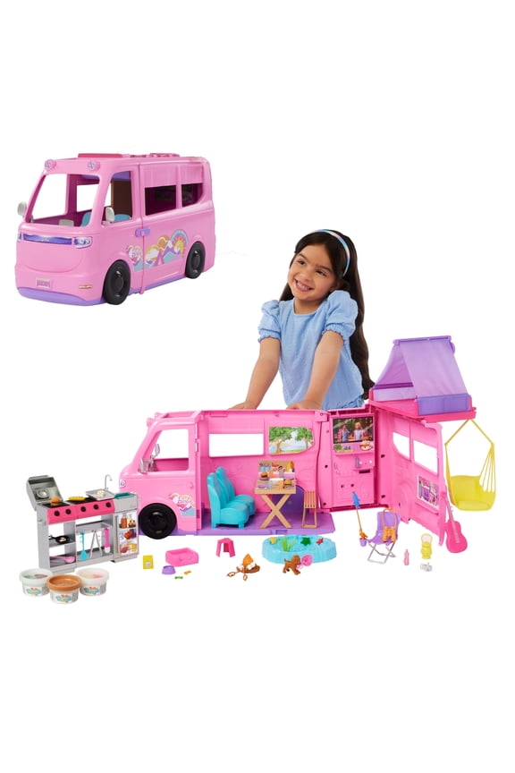 Open Box Barbie Dream Camper Playset with Roof Tent, BBQ Grill with Color-Change Feature & 60+ Accessories