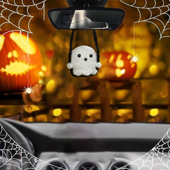 Halloween Ornament Crochet Ghost Pumpkin Hanging Pendant for Car Rearview Mirror Interior Decor