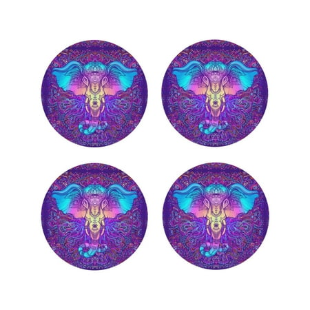 

Leather Coasters Set of 4 - Elephant in Tribal Style Lightweight Non-Slip Drink Coasters for Desk Anti-Scalding Desk Cup Coasters for Office Table Decor Round Shape