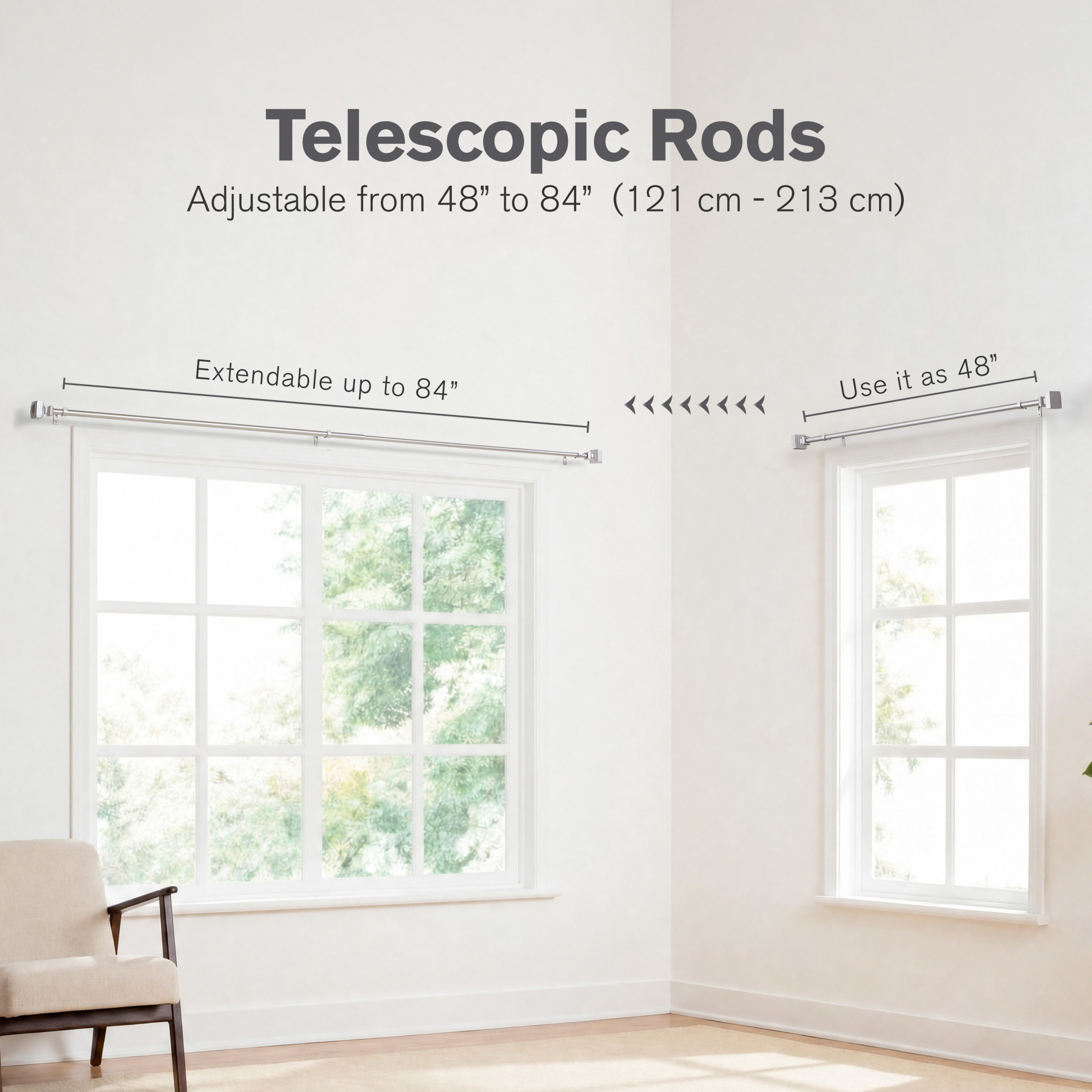 Brookstone Square 3/4" Adjustable Double Curtain Rod Set with Finials 48" - 84" Silver
