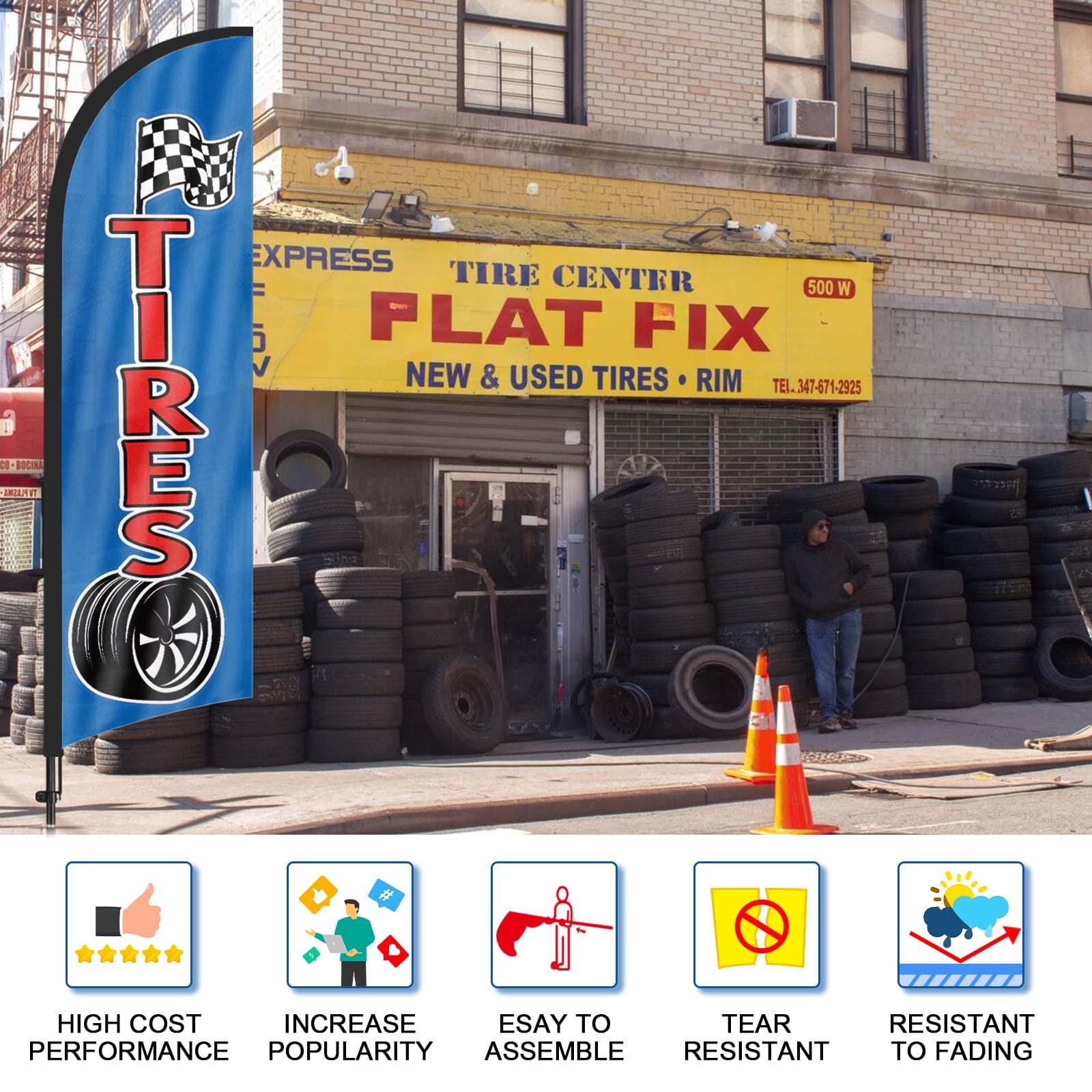 QSUM Tires Feather Flag with Flag Pole Kit and Ground Spike, 8.2FT Tires Windless Flag Banner Sign Business for Outdoor Advertising Sign Decoration Display