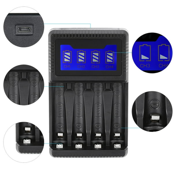 SEIVI PC Negro Protección Inteligente USB Pantalla LCD Cargador De Batería De Cuatro Ranuras Para Carga De Celdas AA AAA Ni-MH
