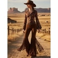 thumbnail image 2 of High Waisted Faux Suede Feel Knit Fringe Flare Pants High Density Tassel Bell Bottoms Western Cowgirl Style Stretchy Trousers for Nashville Country Music Festival Stagecoach and Rodeo, 2 of 9