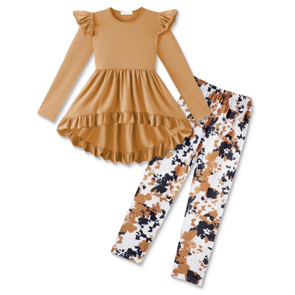 Arshiner Toddler Girl Clothes Ruffle Long Sleeve Shirt and Printed Leggings Fall Winter Outfit Set