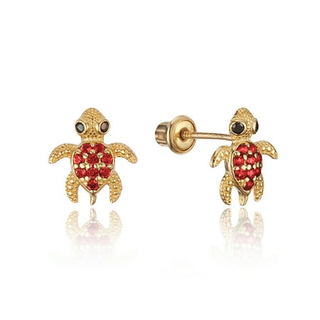 Baby Turtle Earrings - 14k Yellow Gold Red Turtle Cubic Zirconia Children Screwback Baby Girls Stud Earrings