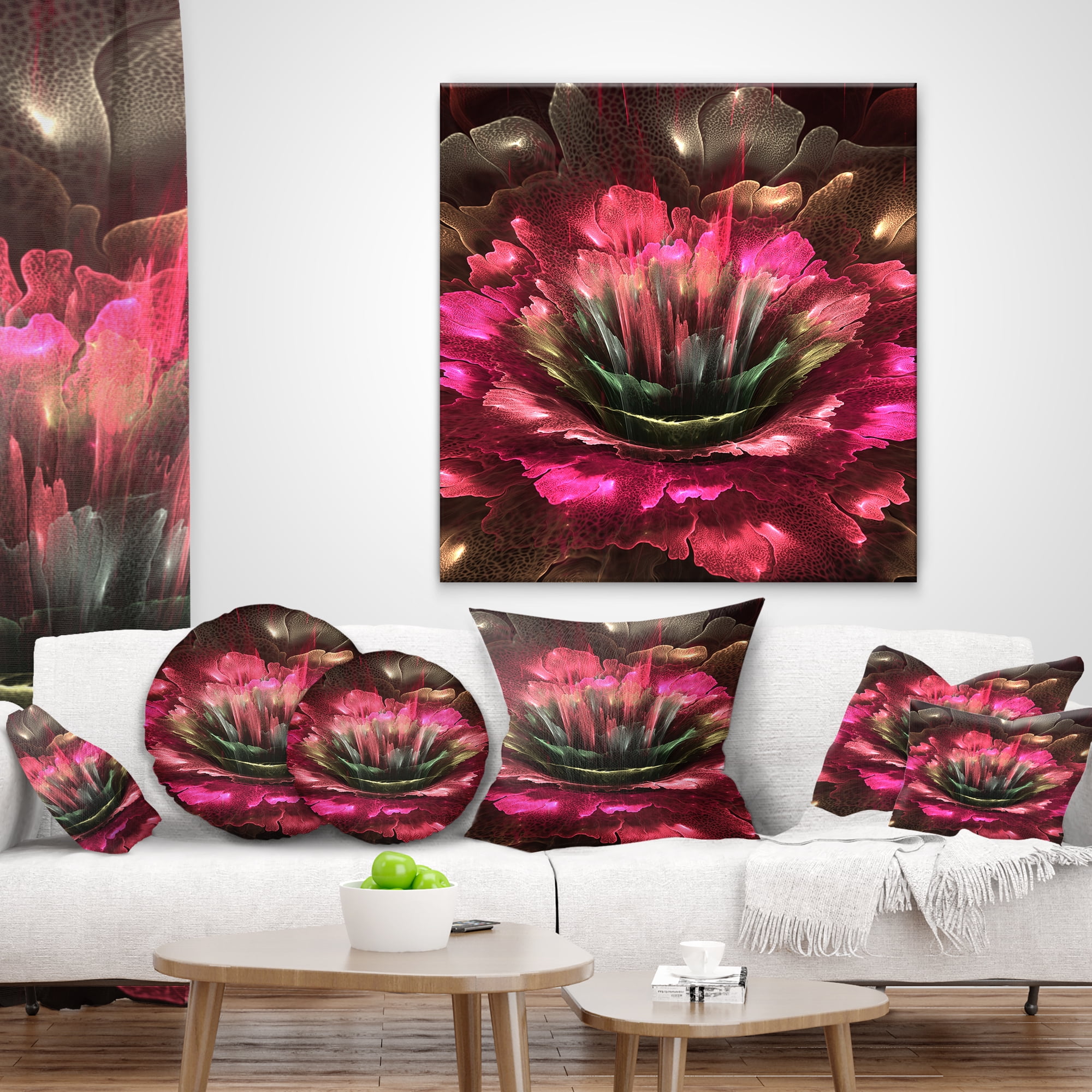Designart Perfect Fractal Flower in Bright Red - Floral Throw Pillow - 16x16