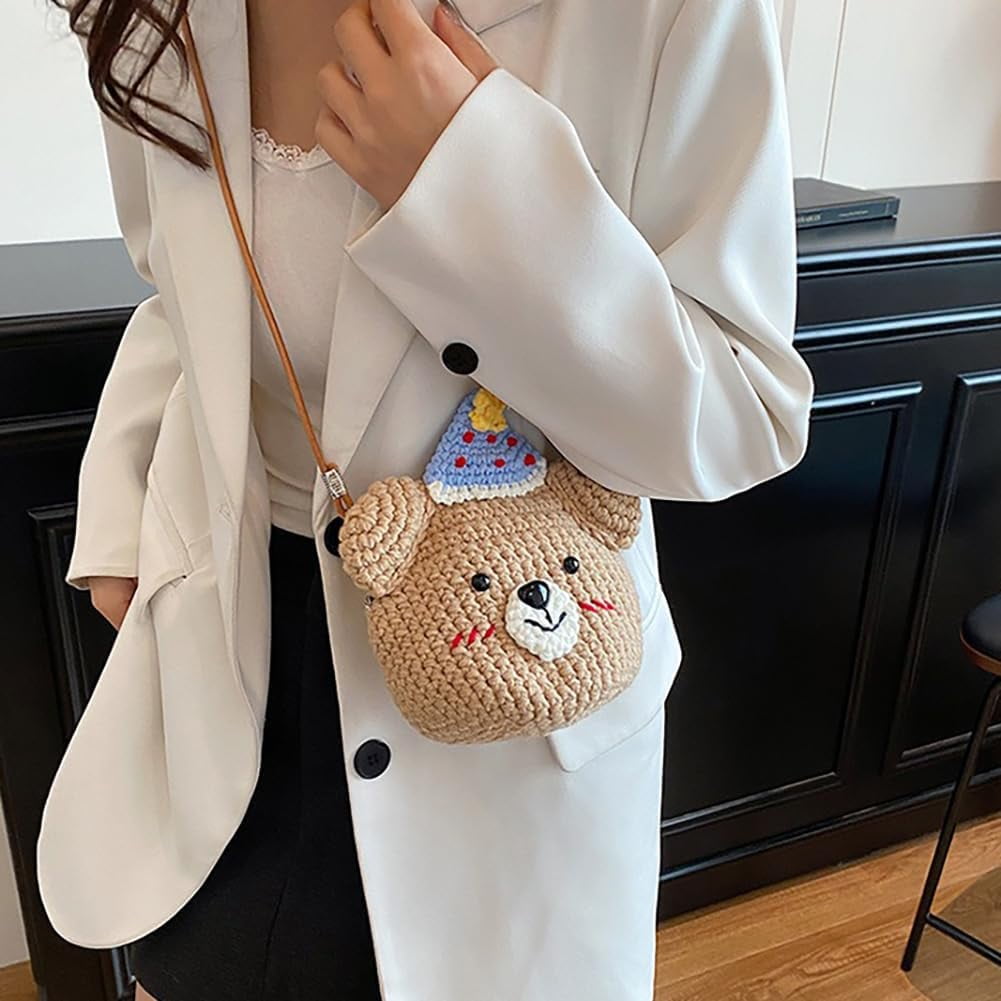 Baguery Handmade Crochet Party Hat Bear Crossbody Bag - Cute Knitted Animal Purse with Metal Frame, Mini Shoulder Bag for Women