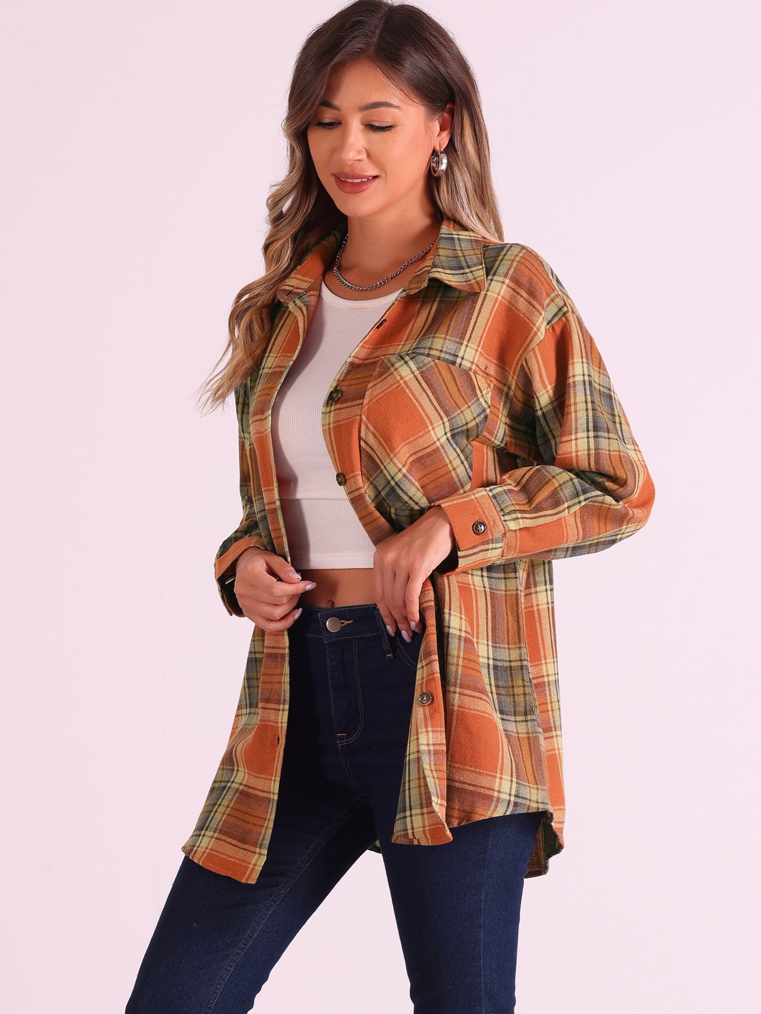 DARING DIVA Women's Long Sleeve Plaid Button Down Shirt Blouse Top XS Orange