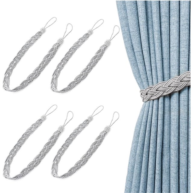 Curtain Tiebacks, Rope Tie Backs, 8pcs Curtain Tiebacks Magnetic Clip Rings Small Bead Weave Rope For Home Office Hotel Window Decorative Curtains Accessorie