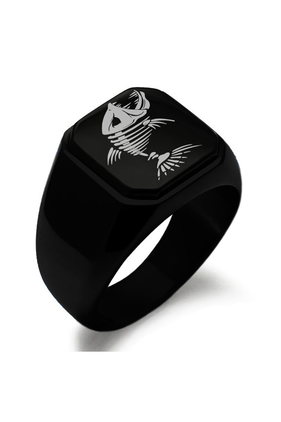 Stainless Steel Vicious Hellfish Engraved Square Flat Top Biker Style Polished Ring