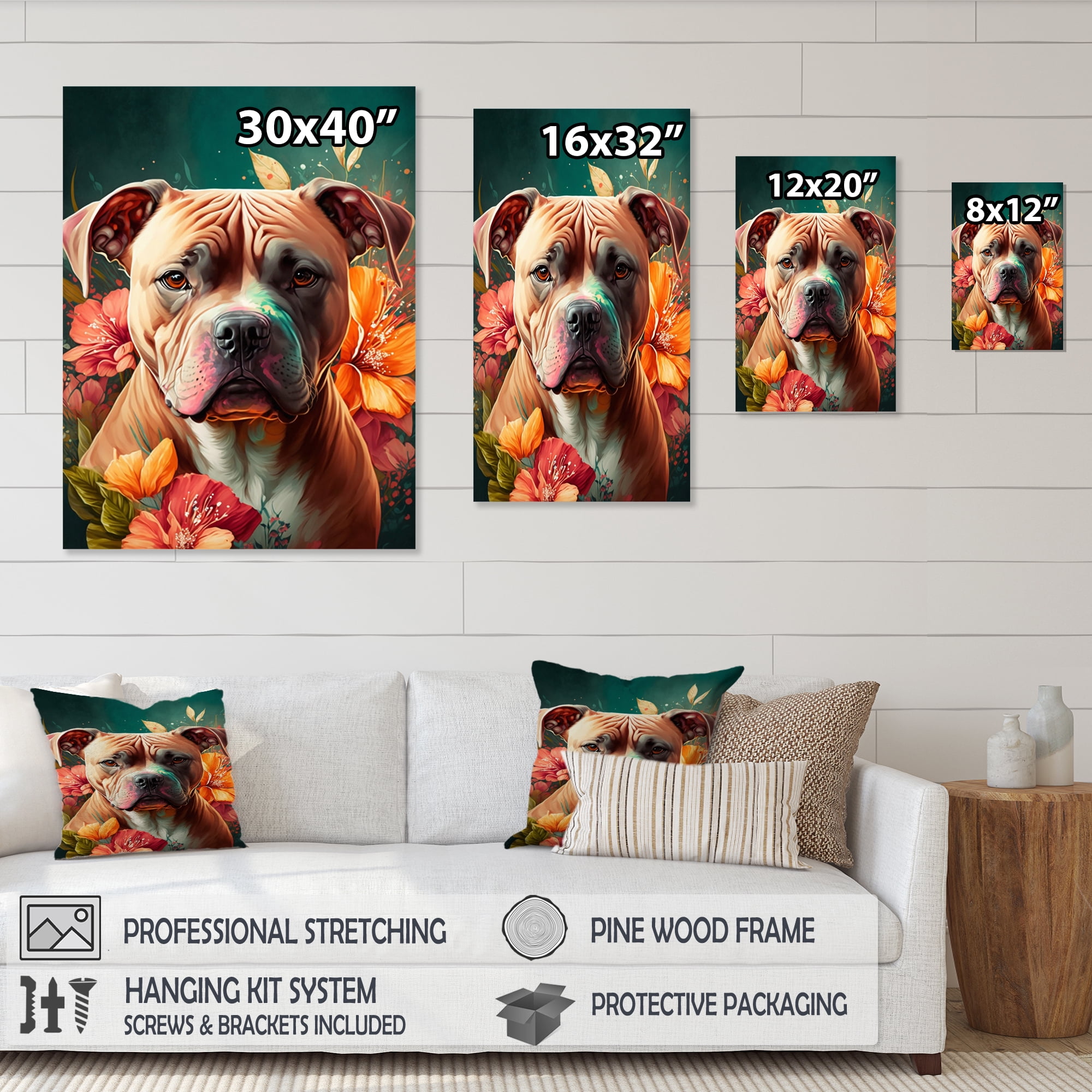 Designart Cute Pitbul Floral Art I Canvas Wall Art