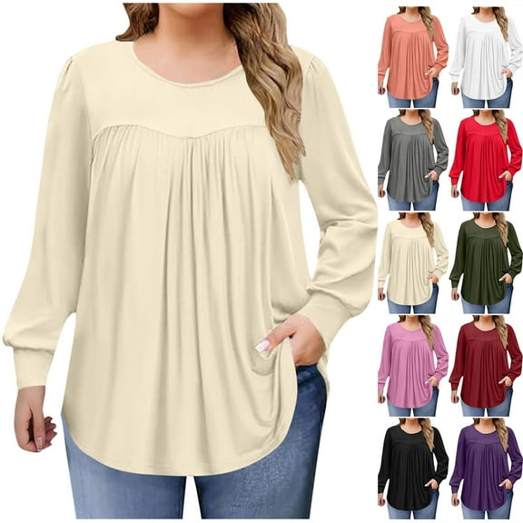 Long Sleeve Shirts for Women Sawvnm Women's Fashion Solid Color Plus Size Round Neck Chest Pleated Loose Casual Pullover Long Sleeved Shirt Top blouse Fall Clothes Fashion Beige 2XL