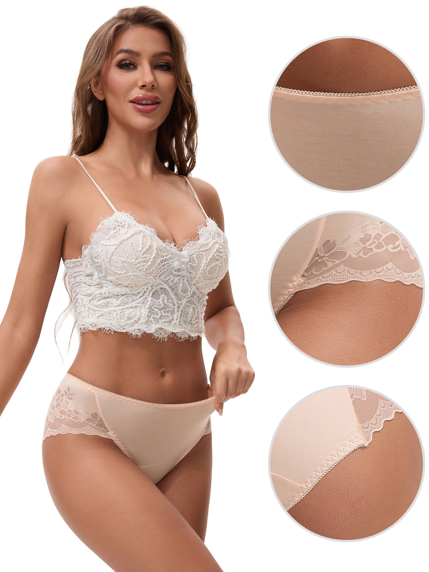 Unique Bargains Women's Lace Mid-Waisted Full Coverage Briefs L Beige