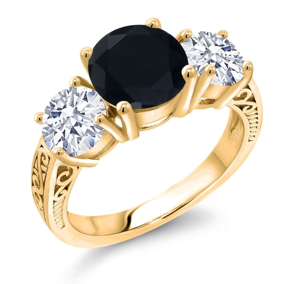 Gem Stone King 18K Yellow Gold Plated Silver Black Onyx and White Zirconia Engagement Ring for Women | 4.65 Cttw | Round 8MM | Gemstone December Birthstone | Size 7