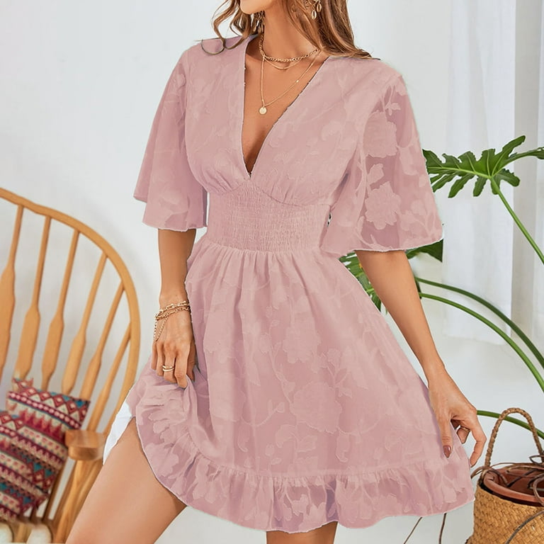 Aoochasliy Summer Dresses for Women V-Neck Bandage Dot Floral Print Casual  Short Sleeve Dresses Summer Savings Clearance!