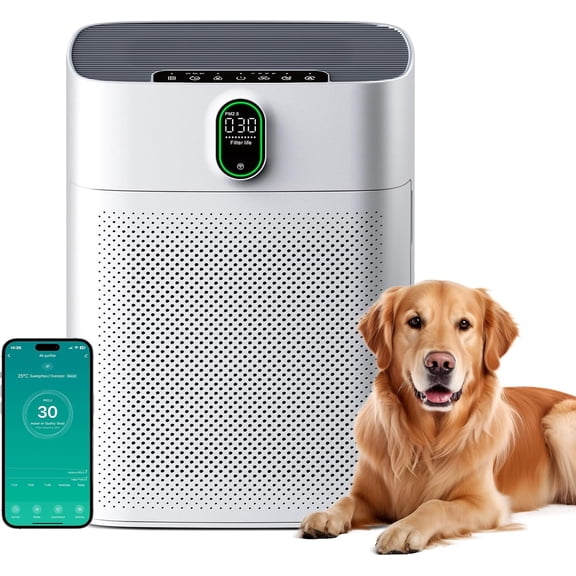 Smart Air Purifier for Large Rooms up to 1076 ft², Wi-Fi & Alexa Compatible, PM2.5 Air Quality Display, Auto & Quiet Modes (24dB), True HEPA Filter Removes Dust, Pollen, Smoke, White