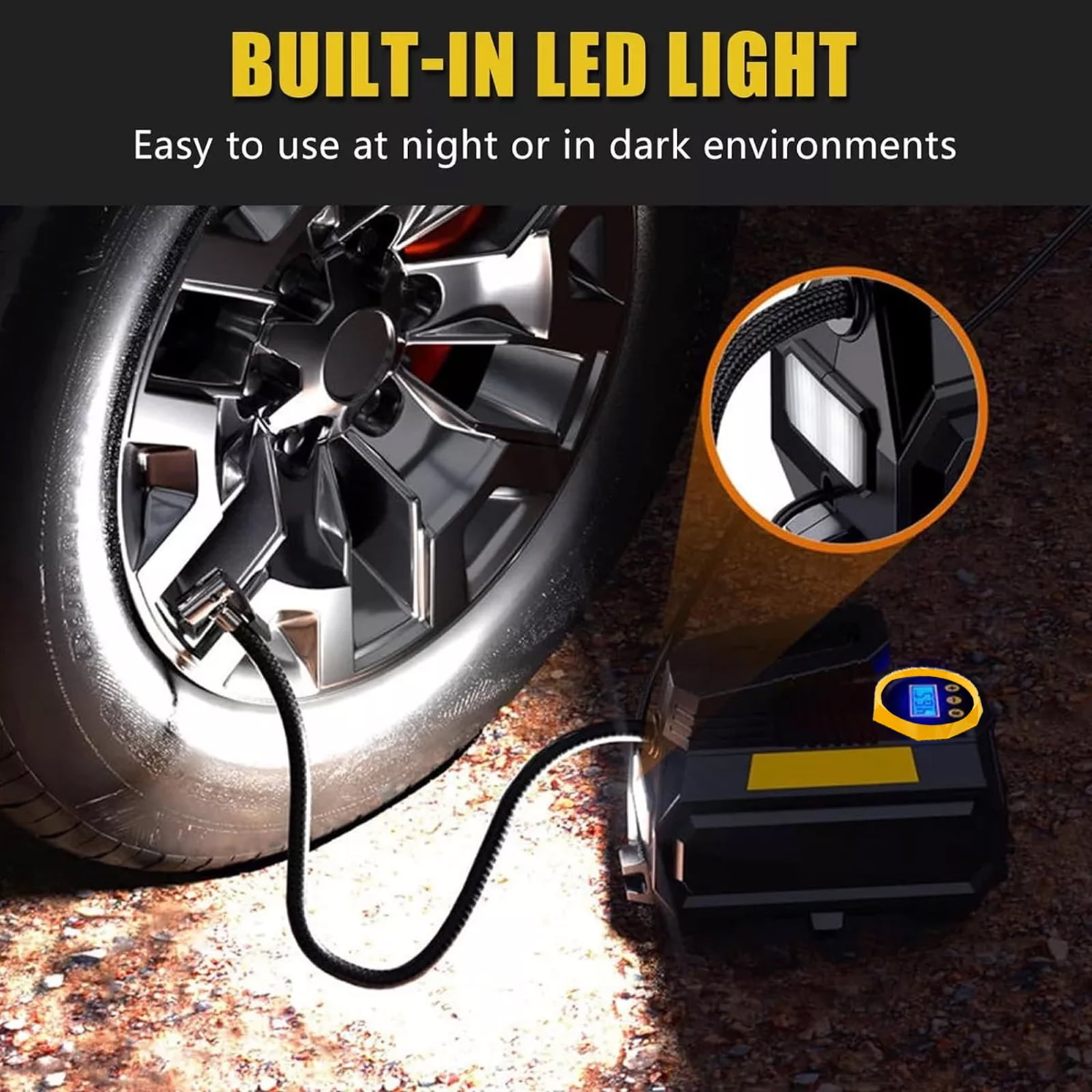 HJDWQN 12V Air Compressor Tire Inflator with Flash-Light - Black