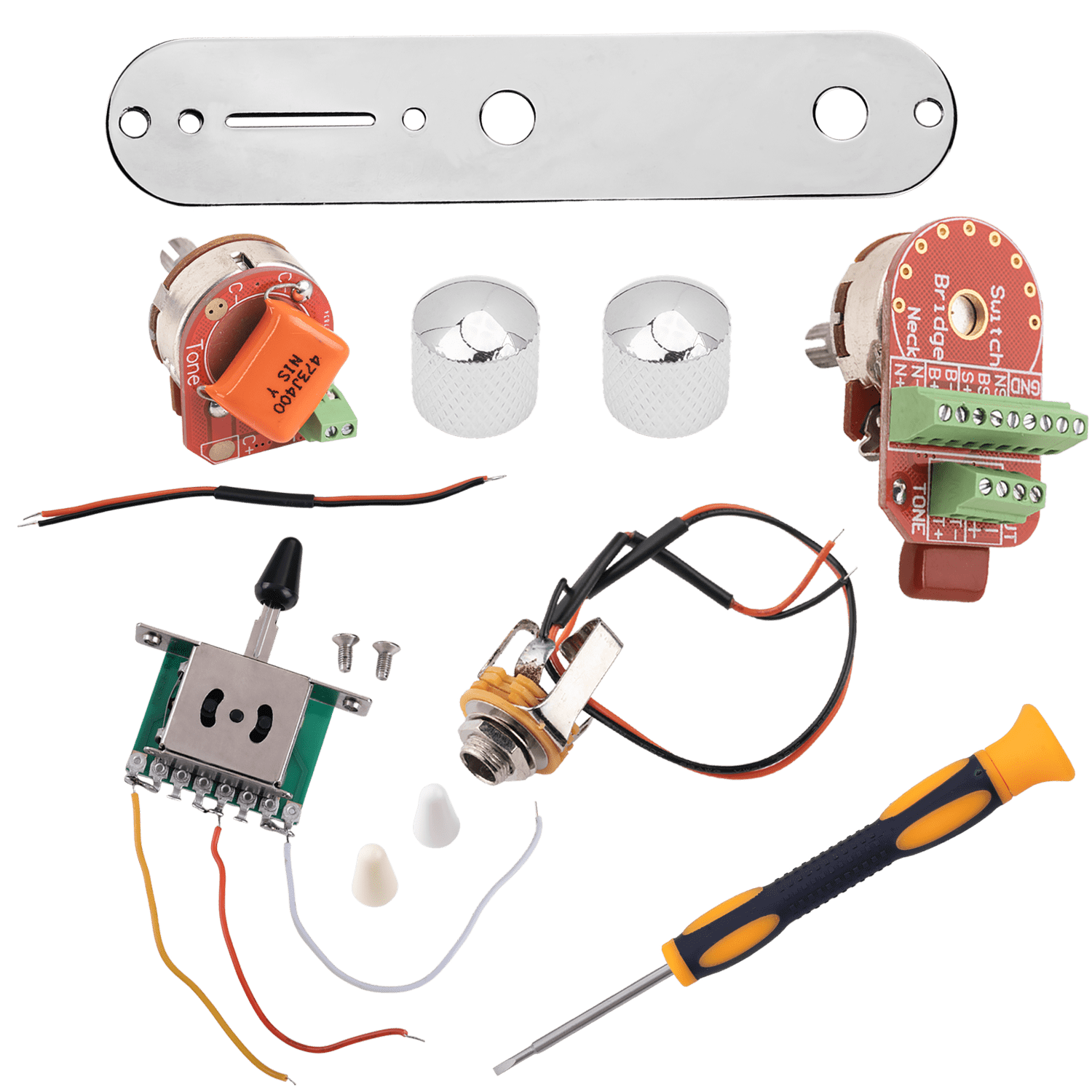 LOOKSEVEN Solderless Pre-Wired Control Plate Kit with 3-Way Switch, Aluminum Shaft Pot (1 Volume 1 Tone) Wiring Harness Easy Plug & Play Upgrade with Treble-Bleed Circuit for Telecaster Guitars
