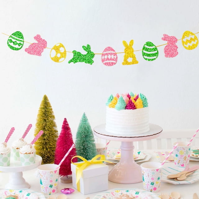 Aqestyerly 12-Pack Bunny Easter Party Banners Glitter Paper Flags with Vibrant Lettering for Home Outdoor Spring Holiday Celebration Decorations