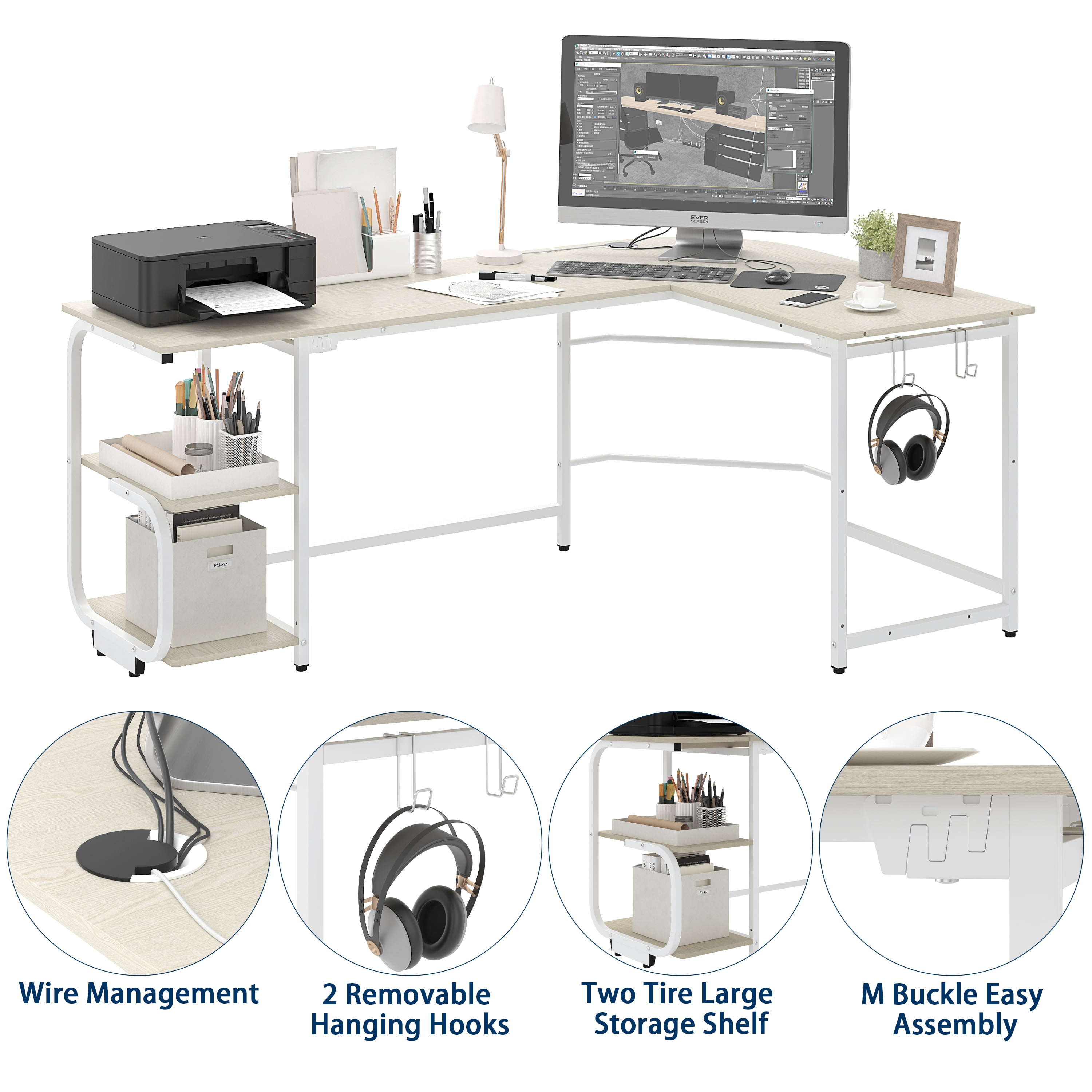 GEZEN 70" L Shape Computer Desk with 2-tier Bookshelf Storage, Home Office Corner Computer Table with Hooks, Beige