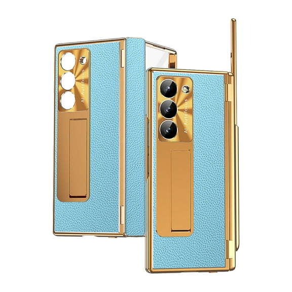 Allytechgroup Galaxy Z Fold 6 Case with Screen Protector, S Pen Holder Kickstand Camera Lens Protector Hinge Protection Shockproof Phone Case for Samsung Galaxy Z Fold 6, Gold Blue