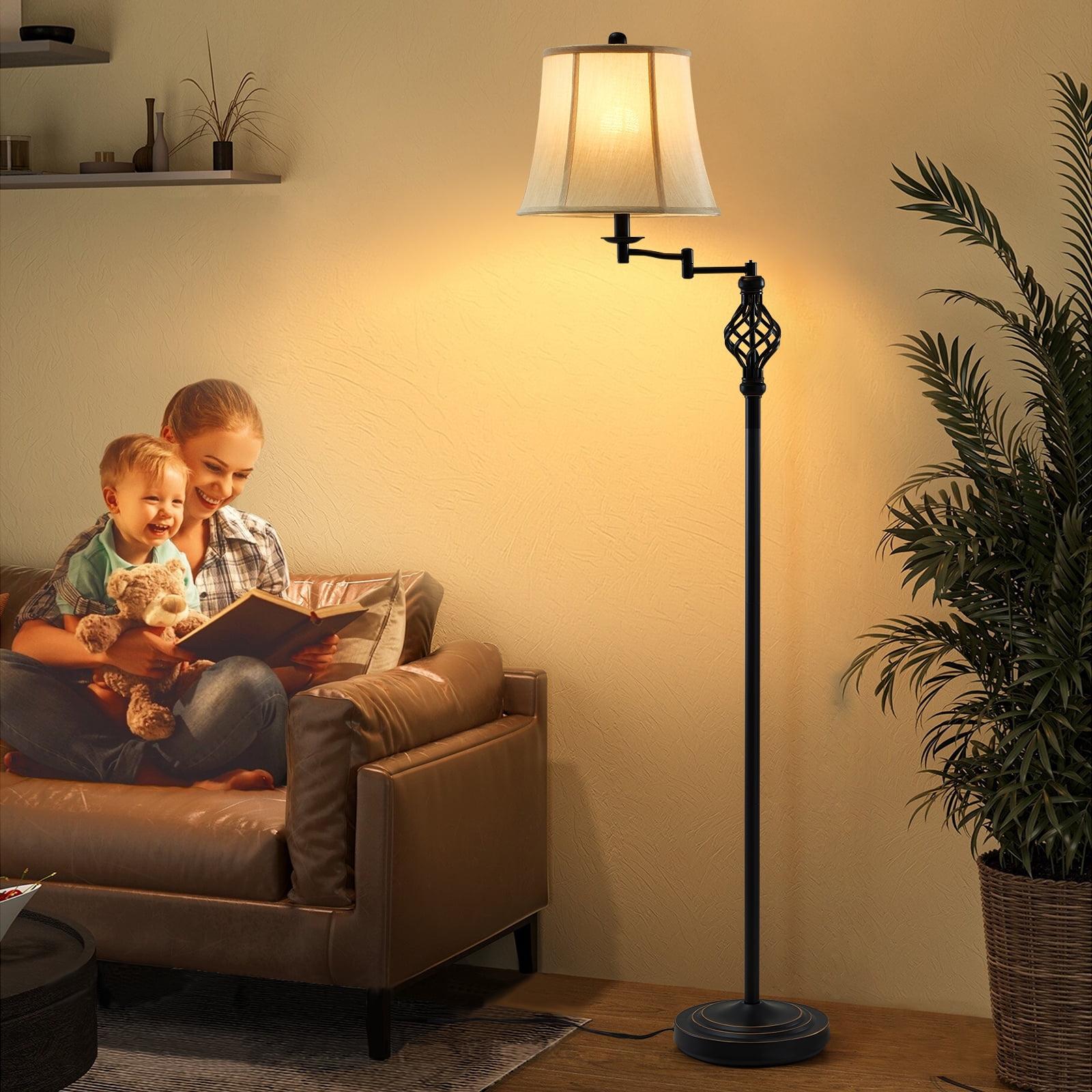 NATYSWAN  Traditional 3 Color Temperature Floor Lamp with 350° Adjustable Swing Arm Lamp, Vintage Standing Pole Lamps for Living Room, Bedroom and Office