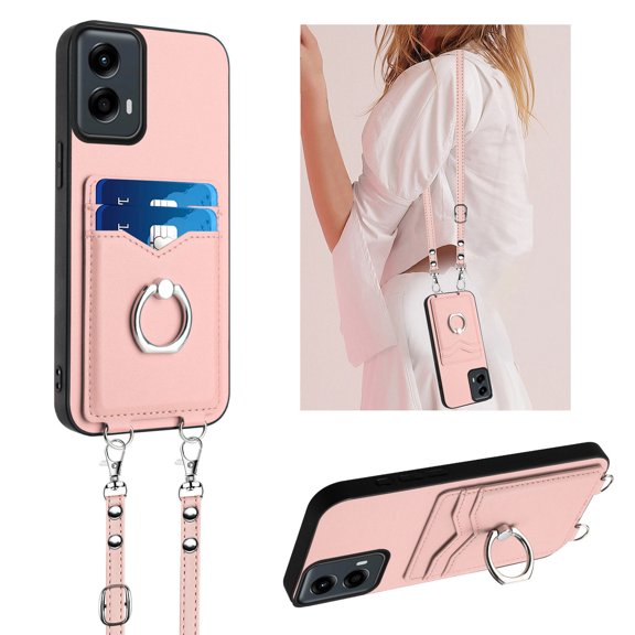 for Motorola Moto G 5G 2024 PU Leather Phone Case, Classic Shoulder Strap Card Slots Shockproof Protective Ring Bracket Anti-scratch Ultra Slim Back Case for Moto G 5G 2024 - Rosegold